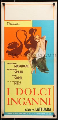 7j824 SWEET DECEPTIONS Italian locandina 1960 different art of sexy Catherine Spaak with swan silhouette!