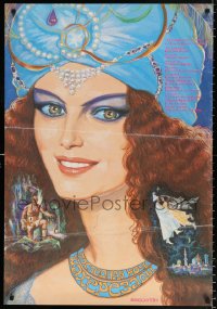 7j684 POSLEDNYAYA NOCH SHAKHEREZADY Russian 26x38 1989 close-up artwork of woman in jeweled turban!