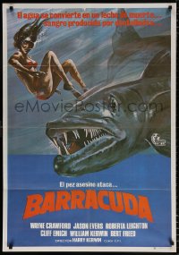 7j376 BARRACUDA Spanish 1979 great artwork of huge killer fish attacking sexy diver in bikini!