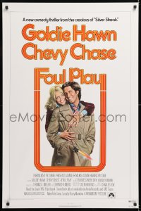 7k639 FOUL PLAY 1sh 1978 wacky Lettick art of Goldie Hawn & Chevy Chase, screwball comedy!