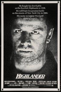 7k688 HIGHLANDER 1sh 1986 super close up art of immortal Christopher Lambert in the title role!
