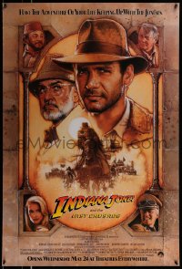 7k710 INDIANA JONES & THE LAST CRUSADE advance 1sh 1989 Ford/Connery over a brown background by Drew