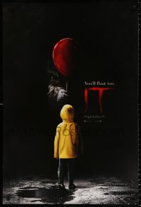 7k723 IT teaser DS 1sh 2017 creepy image of Pennywise handing child balloon, you'll float too!
