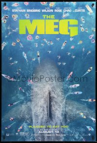 7k784 MEG teaser DS 1sh 2018 image of giant megalodon and terrified swimmers, pleased to eat you!