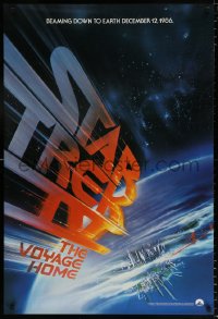 7k914 STAR TREK IV teaser 1sh 1986 Leonard Nimoy, art of title racing towards Earth by Bob Peak!