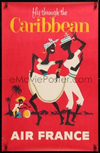 7k236 AIR FRANCE CARIBBEAN 22x34 French travel poster 1960s art of a dancing couple and a drummer!