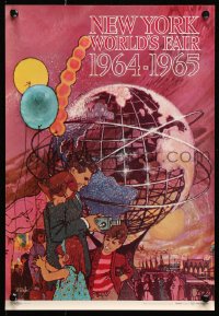 7k274 NEW YORK WORLD'S FAIR 11x16 travel poster 1961 cool Bob Peak art of family & Unisphere!