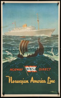 7k275 NORWEGIAN AMERICA LINE 25x40 Norwegian travel poster 1948 Viking ship and the MS Oslofjord!