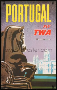 7k284 TWA PORTUGAL 25x40 travel poster 1950s cool artwork of national landmarks!
