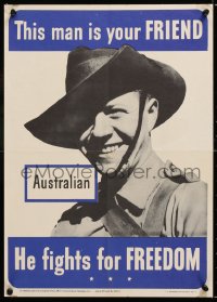 7k038 THIS MAN IS YOUR FRIEND 14x20 WWII war poster 1942 Australian soldier fights for freedom!
