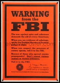 7k042 WARNING FROM THE FBI 20x28 WWII war poster 1943 Hoover asks you to report suspicious activity!