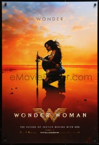 7k990 WONDER WOMAN teaser DS 1sh 2017 sexiest Gal Gadot in title role/Diana Prince kneeling, June 2