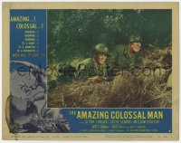 7p031 AMAZING COLOSSAL MAN LC #4 1957 two soldiers with rifles wait for monster in grass!