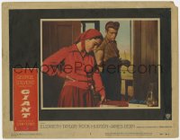 7p325 GIANT LC #3 1956 James Dean watches Elizabeth Taylor looking at desk from across the room!