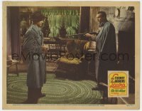 7p486 LAURA LC 1944 Vincent Price holds shotgun on Dana Andrews in trenchcoat & fedora in house!