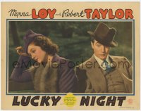 7p526 LUCKY NIGHT LC 1939 pretty Myrna Loy is too tired to deal with Robert Taylor on bench!