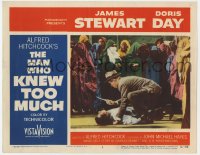7p557 MAN WHO KNEW TOO MUCH LC #2 1956 great image of Jimmy Stewart w/knife over man, Hitchcock!