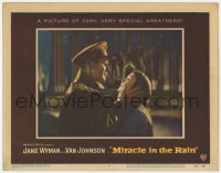 7p579 MIRACLE IN THE RAIN LC #5 1956 great romantic close up of Jane Wyman & Van Johnson!