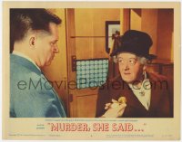 7p606 MURDER SHE SAID LC #6 1961 Margaret Rutherford as Miss Marple examining clue with Tingwell!