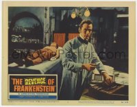 7p717 REVENGE OF FRANKENSTEIN LC #5 1958 Francis Matthews in lab by Peter Cushing on operating table
