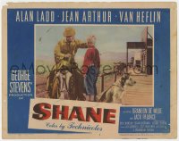7p790 SHANE LC #5 1953 best card in set, Alan Ladd in buckskin on horseback with Brandon de Wilde!