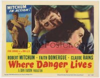 7p955 WHERE DANGER LIVES LC #2 1950 close up of Robert Mitchum holding pretty Faith Domergue!
