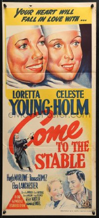 7r673 COME TO THE STABLE Aust daybill 1949 close up art of nuns Loretta Young & Celeste Holm!