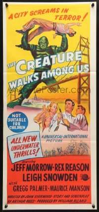 7r676 CREATURE WALKS AMONG US Aust daybill 1956 art of monster attacking by Golden Gate Bridge!