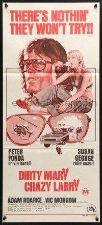 7r694 DIRTY MARY CRAZY LARRY Aust daybill R1970s art of Peter Fonda & sexy Susan George w/popsicle!
