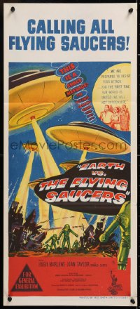 7r706 EARTH VS. THE FLYING SAUCERS Aust daybill 1956 sci-fi classic, cool art of UFOs & aliens!