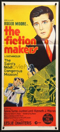 7r719 FICTION MAKERS Aust daybill 1970 artwork of Roger Moore as Leslie Charteris' The Saint!