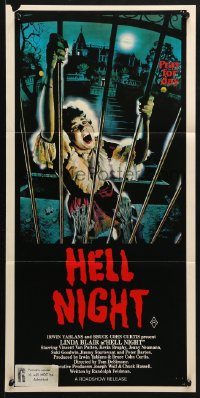 7r756 HELL NIGHT Aust daybill 1983 artwork of Linda Blair trying to escape haunted house by Jarvis!