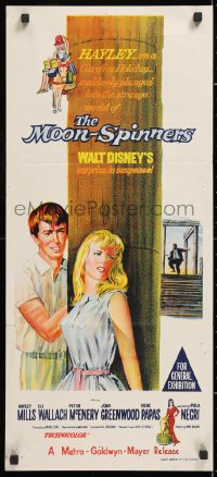 7r829 MOON-SPINNERS Aust daybill 1964 artwork of pretty Hayley Mills hiding, Peter McEnery!