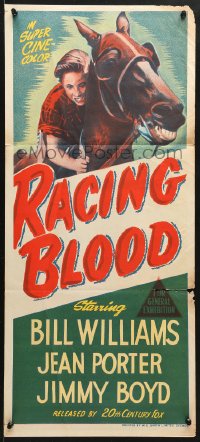 7r875 RACING BLOOD Aust daybill 1954 huge image of jockey Jimmy Boyd riding horse at race!