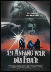 7r259 QUEST FOR FIRE German 1982 Jean-Jacques Annaud, great artwork of prehistoric cavemen!