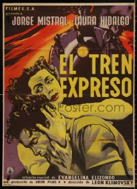 7r030 EL TREN EXPRESO Mexican poster 1955 Jorge Mistral, Laura Hidalgo, cool train artwork!