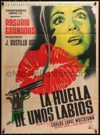 7r041 LA HUELLA DE UNOS LABIOS Mexican poster 1952 art of smoking gun, lips & scared girl by Renau!