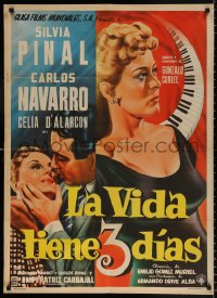 7r046 LA VIDA TIENE 3 DIAS Mexican poster 1955 art of sexy Silvia Pinal & Carlos Navarro!