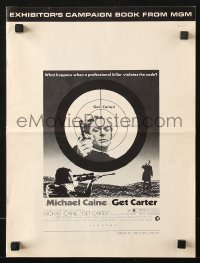 7s230 GET CARTER pressbook 1971 cool image of Michael Caine with gun in assassin's scope!
