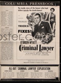 7s153 CRIMINAL LAWYER pressbook 1951 alcoholic lawyer Pat O'Brien kept killers out of prison!