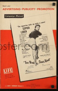 7s554 TOO BAD SHE'S BAD pressbook 1955 De Sica, Sophia Loren uncovers her most talked about talents!