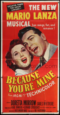 7t180 BECAUSE YOU'RE MINE 3sh 1952 enormous c/u art of singing Mario Lanza, songs, fun & romance!