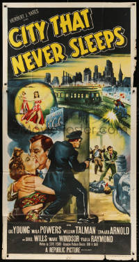 7t199 CITY THAT NEVER SLEEPS 3sh 1953 great art of gunfight under elevated train in Chicago!