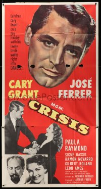 7t203 CRISIS 3sh 1950 great huge headshot artwork of Cary Grant, plus Paula Raymond & Jose Ferrer!