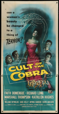 7t204 CULT OF THE COBRA 3sh 1955 artwork of sexy Faith Domergue & giant cobra snake!