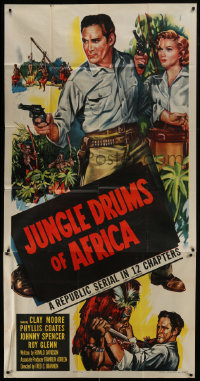 7t258 JUNGLE DRUMS OF AFRICA 3sh 1952 art of Clayton Moore w/gun & Phyllis Coates, Republic serial!