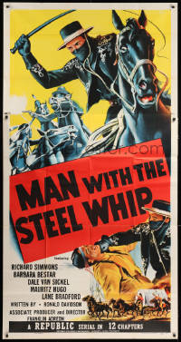 7t282 MAN WITH THE STEEL WHIP 3sh 1954 serial, cool art of masked hero on horse lashing his whip!