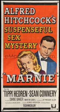 7t285 MARNIE 3sh 1964 Sean Connery & Tippi Hedren in Alfred Hitchcock's suspenseful sex mystery!