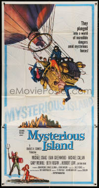 7t291 MYSTERIOUS ISLAND 3sh 1961 Ray Harryhausen, Jules Verne sci-fi, cool hot-air balloon image!