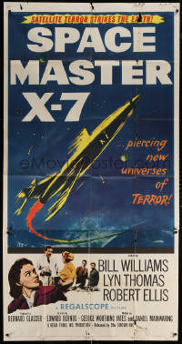 7t337 SPACE MASTER X-7 3sh 1958 satellite terror strikes the Earth, cool art of rocket ship!